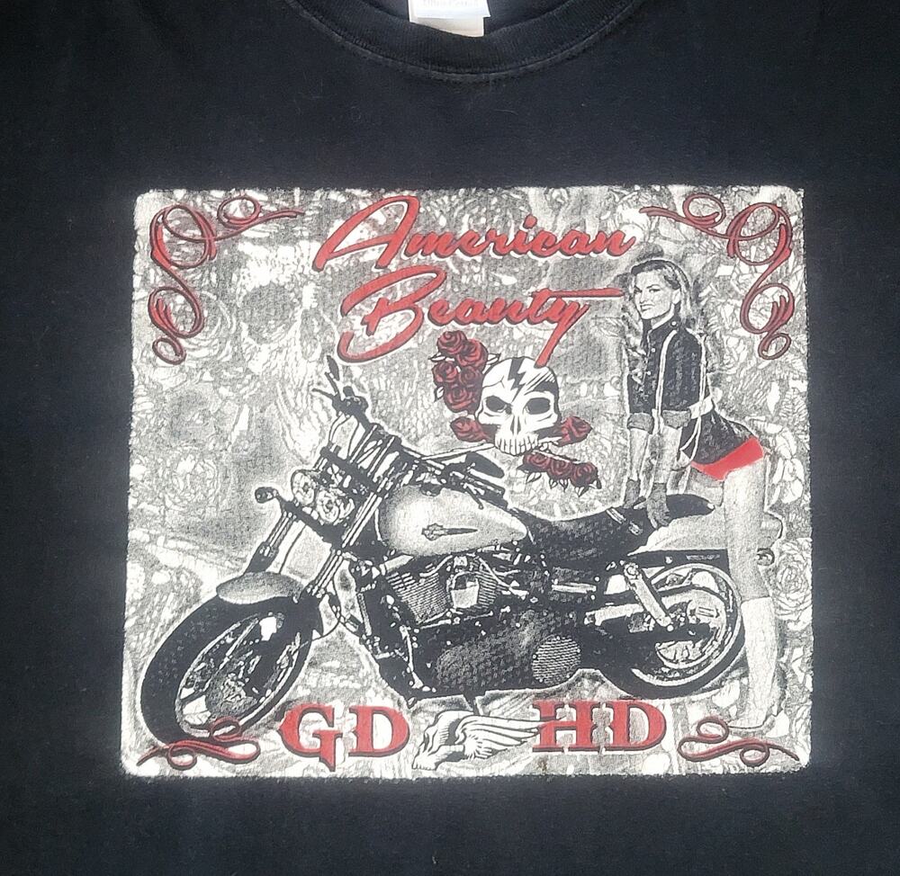 VHTF American Beauty Black T-Shirt Harley? Motorcycle Roses Skulls Men's Large